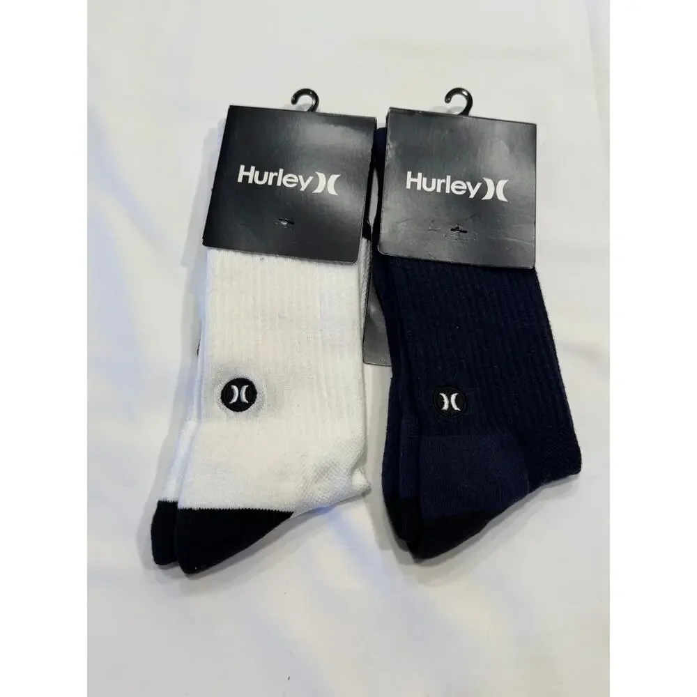 Hurley Block Party Crew Socks‎ 2 Pair Bundle White Obsidian Navy Mens Large 8-12
